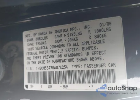 2006 Honda Accord 2.4 Lx from USA, damaged, VIN 1HGCM56476A074254